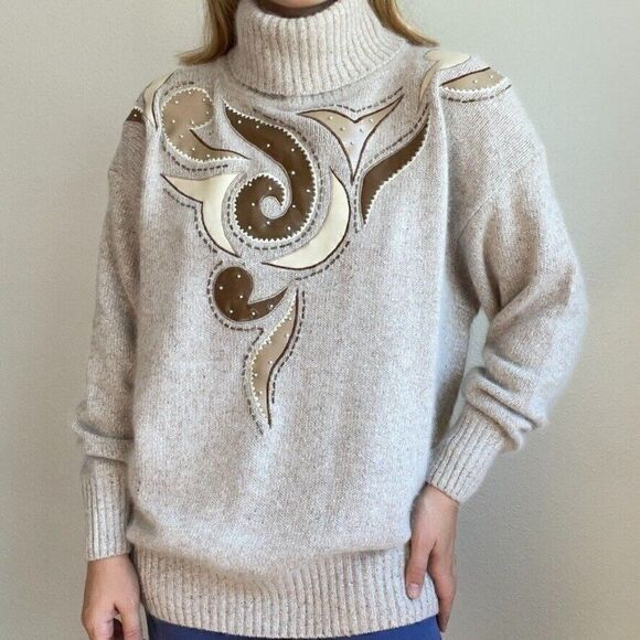 Vintage 80s Womens IB Diffusion Angora Silk Blend Geometric Beige Sweater Sz 2X - Picture 2 of 11